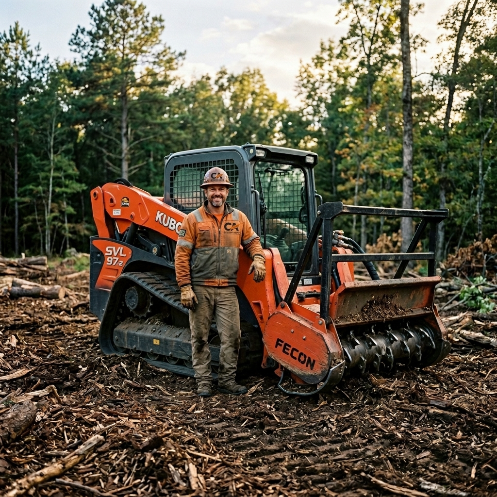Owner operator next to Kubota forestry mulcher in a partially cleared wooded area